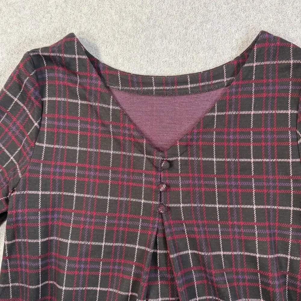 J.Jill Women’s Medium Plaid Ponte Shirt 3/4 Sleeve Button Pleat Black Red Purple